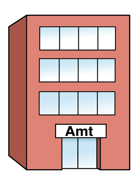 Illustration eines Gebäudes mit dem Schriftzug Amt über der Tür