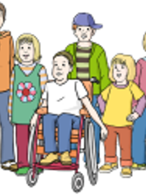 Illustration eines Kinds im Rollstuhl mit anderen Kindern