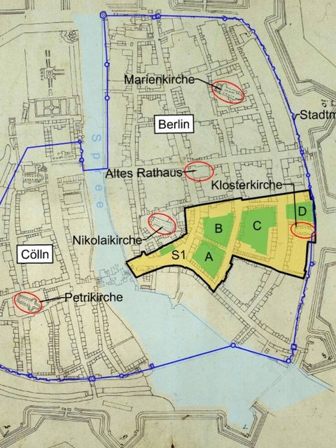 Abb. 3 Der Bebauungsplan 1 – 14 umfasst knapp ein Fünftel von Alt-Berlin. Überlagerung des „Lindholtz´schen Plans (2. Hälfte 17.Jh.) mit der Fläche des Bebauungsplans 1-14 (gelb) und Grabungsflächen (grün) (Bild: Landesdenkmalamt Berlin, Helen Stohr und Ken Thömel)