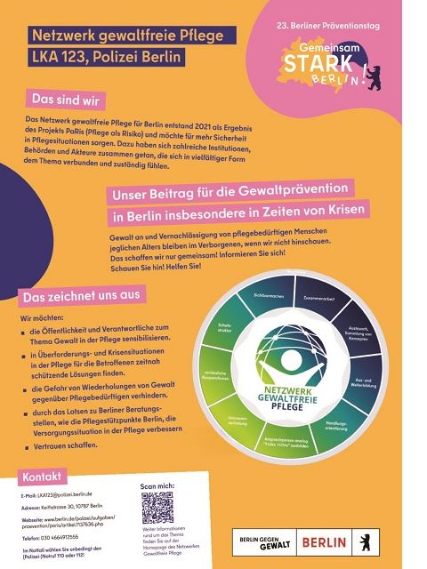 Poster zum Netzwerk Gewaltfreie Pflege mit Aufgaben und Zielen.