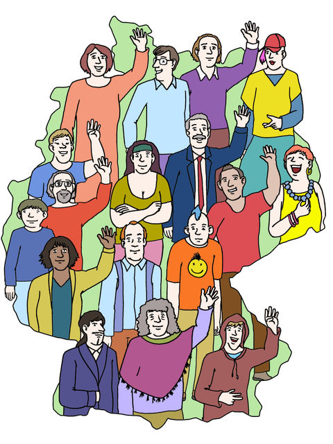 Die Grafik zeigt eine Gruppe von Menschen, die die Hand heben. Der Hintergrund ist in Form der Grenzen der Bundesrepublik Deutschland.