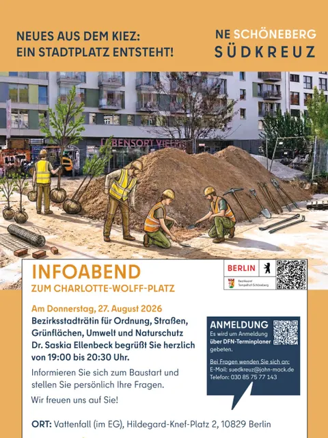 Ankündigung der Infoveranstaltung zum Charlotte-Wollf-Platz am 27.8.2026