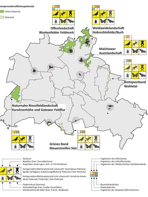 GAK-Artenschutzkonzeption im Überblick: Grün sind in der Karte die sechs Leitprojekte, schwarz die ersten neun Wohnungsbauvorhaben dargestellt. (Bild: bgmr Landschaftsarchitekten / SenUVK)