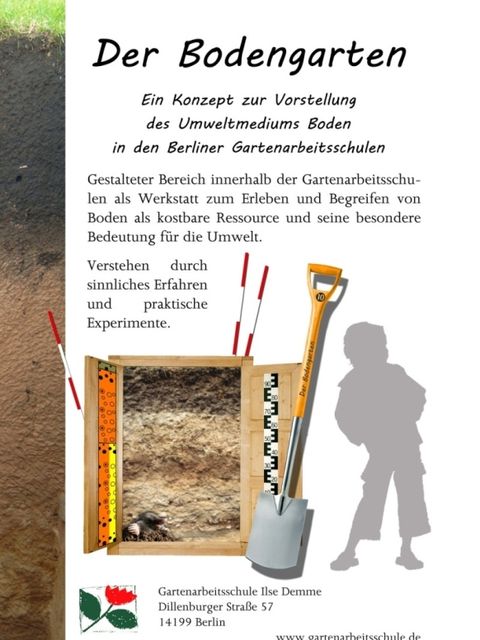 Fenster mit Erde, davor eine Schaufel und ein Schattenbild eines Kindes. Drumherum Text der den Bodengarten beschreibt