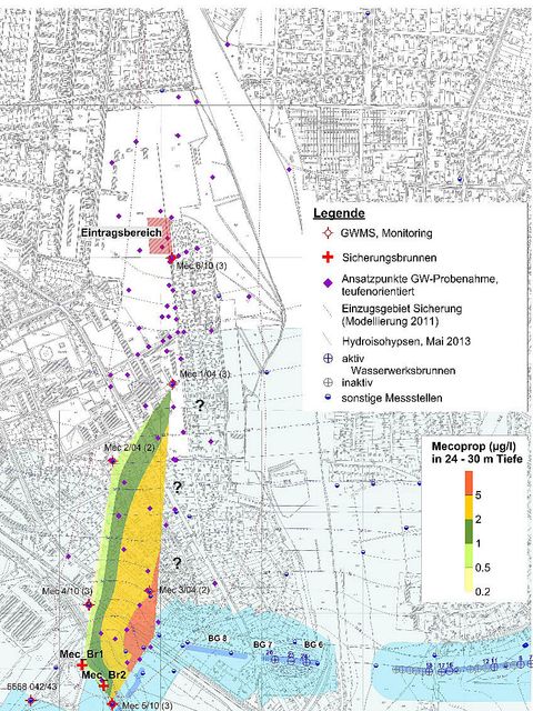 Verbreitung Grundwasserbelastungen durch Mecoprop (Bild: Tauw GmbH, Berlin; Dipl.-Geol. E. Notthoff)