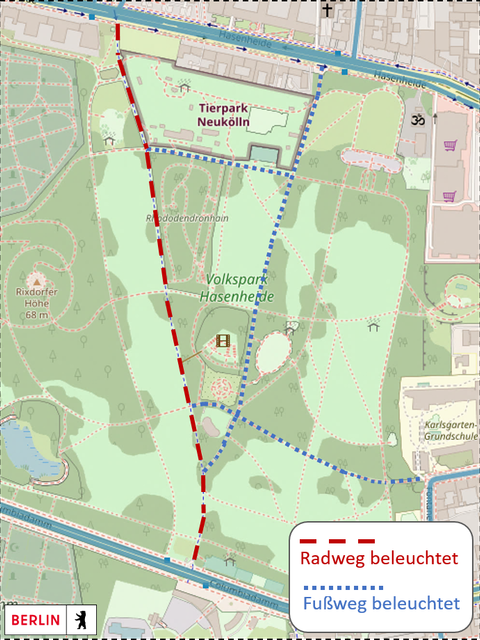 Karte Hasenheide mit Beleuchtungsvorhaben (Bild: OpenStreetMap, bearbeitet durch SenMVKU)