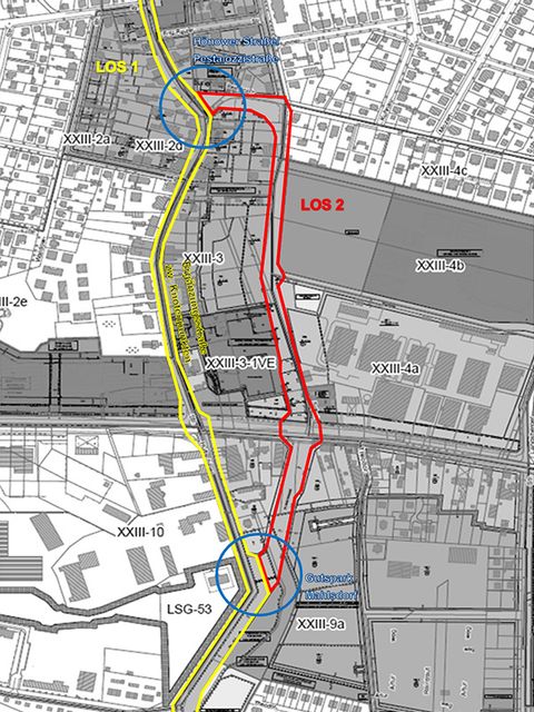 Plan: Straße An der Schule (rot) und zweigleisiger Ausbau der Hönower Straße/Hultschiner Damm (gelb) (Bild: SenUMVK / Geoportal Berlin)