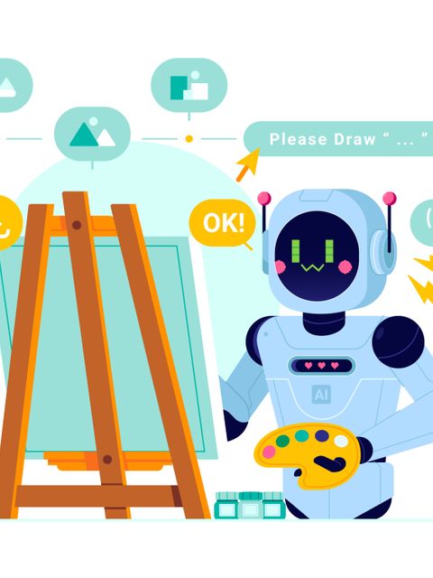 Grafik: Roboter malt auf Staffelei umgeben von digitalen Icons