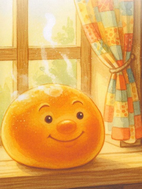 Illustration eines Pfannkuchens mit Gesicht, der auf einer Fensterbank sitzt