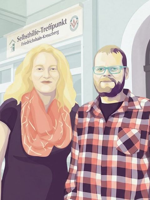 Illustration von Diana Eulau und Konstantin Ingenkamp, den beiden hauptamtlichen Mitarbeiter*innen des Selbsthilfe-Treffpunkts, die vor der Einrichtung in der Boxhagener Str. 89 stehen
