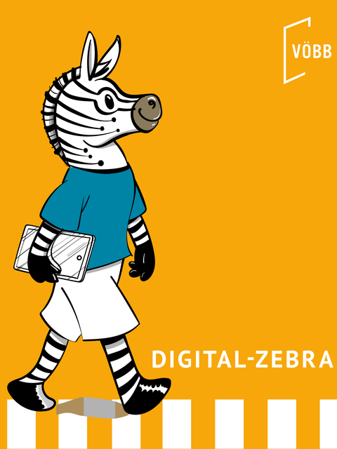 Illustration von einem Zebra das aufecht mit digitalem Gerät unter dem Arm über einen Zebrastreifen geht