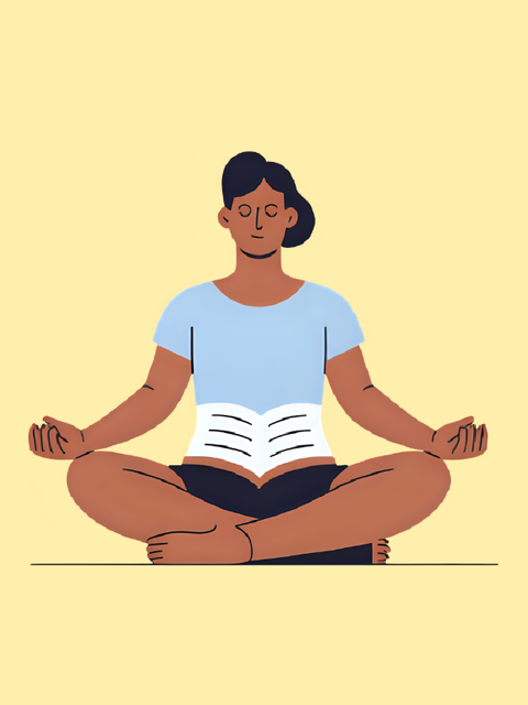Illustration mit meditierender Person, vor deren Bauch ein Buch abgebildet ist.