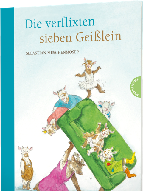 Ziegenkinder in Kinderkleiderung sitzen auf Sofa, dass von Wolf in Kleid hochgehoben wird