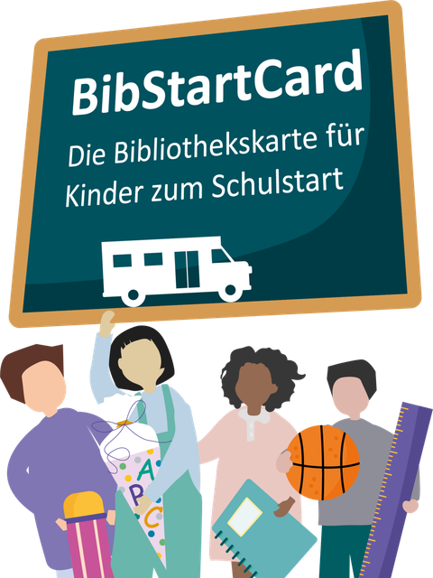 Logo zur BibStartCard mit Schriftzug und Kindern in einer graphischen Darstellung