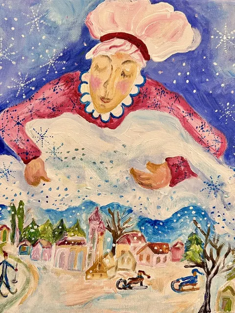 Ein Bild, das Frau Hölle beim Decke/Wolke schüteln abbildet