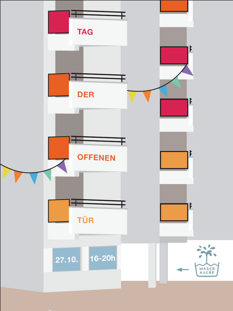 Eine Grafik von einem Hochhaus mit 4 Balkonen und Wimpeln