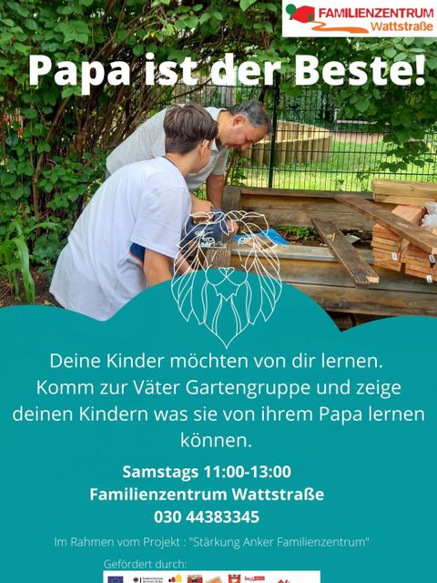 Papa und Kind bauen an einem Hochbeet zusammen