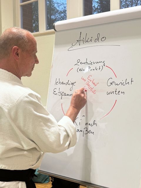 Kursleiter Klimepl erklärt am Flipchart zeichnend die Prinzipien des Aikido, der Kunst des Nichtkämpfens