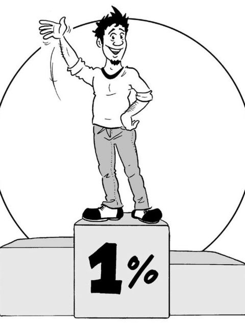 Comicfigur steht auf Siegerpodest