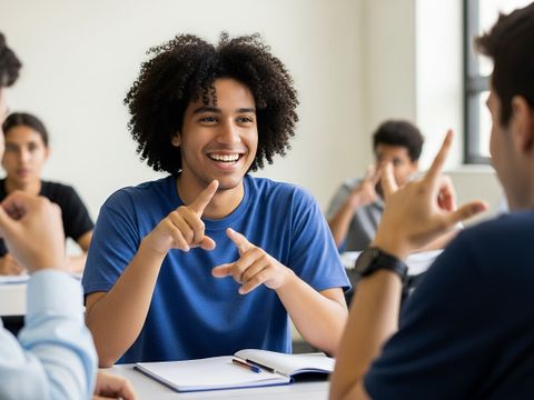 Multiethnische Personen sitzen sich gegenüber und kommunizieren in Gebärdenspache