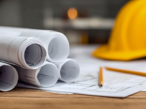 Zusammengerollte Architektenpläne auf einem Holzschreibtisch mit Bleistiften und Schutzhelm