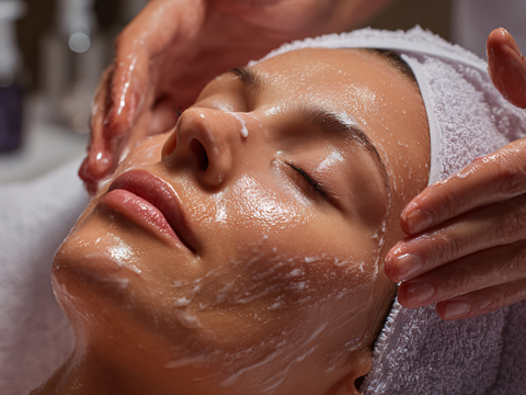 Nahaufnahme einer Frau, die in einem Spa eine feuchtigkeitsspendende Gesichtsbehandlung erhält.