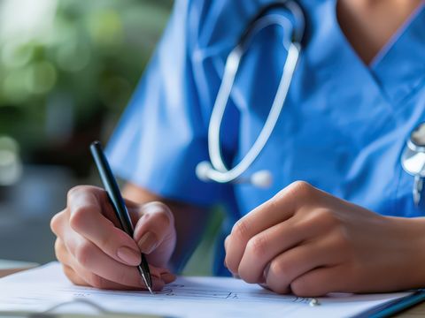 Healthcare professional writing medical notes at desk