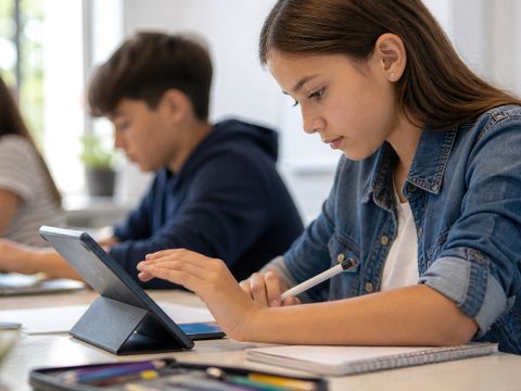 Schülerin sitzt im Klassenzimmer und arbeitet an einem Tablet