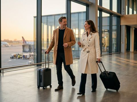 Professional business travelers walking through modern airport terminal with suitcases