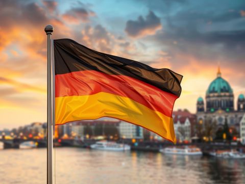 Deutsche Flagge weht und im Hintergrund Berliner Dom und Fernsehturm bei Sonnenuntergang