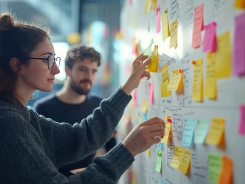 zwei Menschen arbeiten mit Klebezetteln am Whiteboard