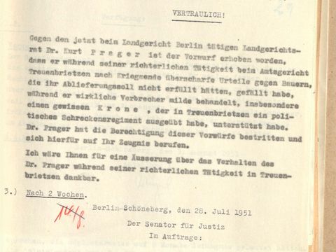 Verfügung des Justizsenators vom 28.07.1951: Aufforderung an die Leumundszeugen zur Stellungnahme