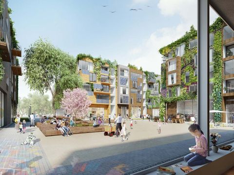 Der Fokus bei der Entwicklung des Schumacher Quartiers auf dem Gelände des ehemaligen Flughafens Tegel liegt nicht nur auf sozialer Durchmischung, sondern auch auf Nachhaltigkeit (Visualisierung)