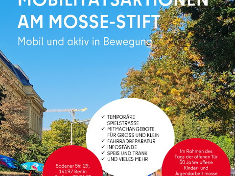 Strassenfest mit Menschen und Kreisen mit Informationen dazu
