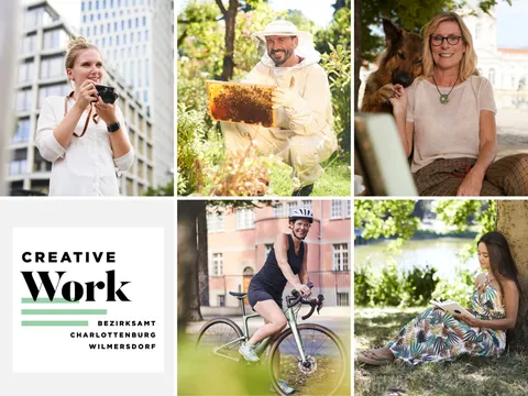 Creative Work Collage mit fünf Bildern - Frau mit Fotoapparat, Frau mit Hund, Imker, Frau mit Fahrrad und lesende Frau im Park