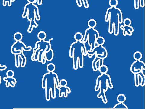 Urbanes Muster Berlin mit weißen Silhouetten von diversen Menschen auf blauem Hintergrund