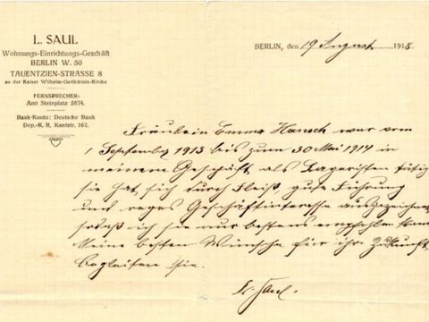 Das Zeugnis wurde Emma Hansch verh. Panßner 1918 von Lisbeth Saul ausgestellt.