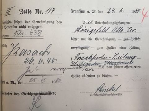 Antrag des Untersuchungshäftlings Otto Königsfeld zum Halten der ‚Frankfurter Zeitung‘. (Bild: Hessisches Hauptstaatsarchiv Wiesbaden Bestand 409/4 Akte Nr. 3480 Bl. 4)