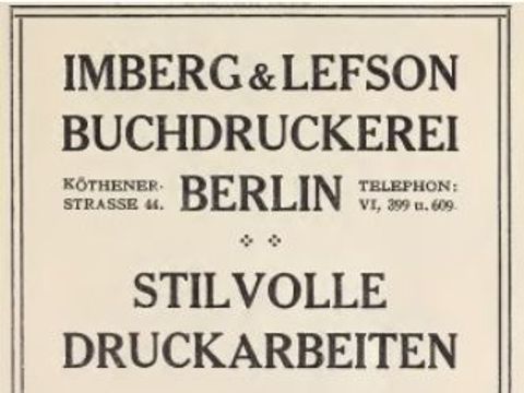 Anzeige im von Imberg&Lefson gedruckten Katalog der Secessions-Ausstellung 1908, verlegt bei Paul Cassirer (Bild: Secession 1908)