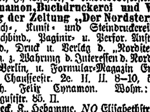 Adressbuchauszug Buchdruckerei Cynamon (Bild: Berliner Adressbücher)
