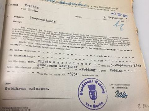 Frada Warschauer Sterbeurkunde (Bild: Archiv)