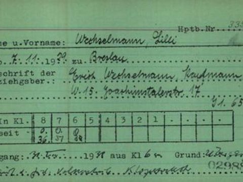 Karteikarte zum Schulabgang von Lilli Wechselmann, 1938 (Bild: Arolsen Archives)