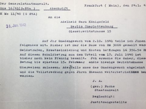 Schreiben des Generalstaatsanwaltes Frankfurt an Adelheid Königsfeld vom 24. Januar 1942 (Bild: Hessisches Hauptstaatsarchiv Wiesbaden Bestand 474/3 Akte Nr. 789 (ohne Blattzählung))