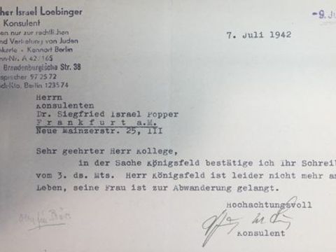 Schreiben des Konsulenten Dr. Günther Loebinger (Berlin) an den Konsulenten Dr. Siegfried Popper (Frankfurt) vom 7. Juli 1942 (Bild: Hessisches Hauptstaatsarchiv Wiesbaden Bestand 474/3 Akte Nr. 789 (ohne Blattzählung))