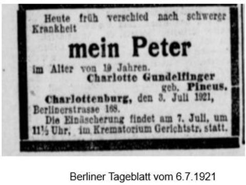 Todesanzeige Peter Gundelfinger (Bild: Berliner Tageblatt 6.7.1921)