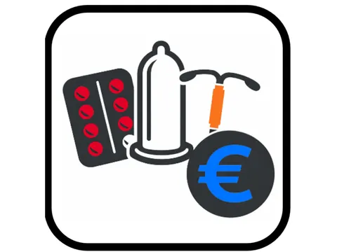Piktogramm "Kostenübernahme für Verhütungsmittel": Tabletten, Kondom, Spirale, Euro-Zeichen