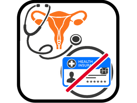 Piktogramm "Frauen ohne Krankenversicherung": ein oranges, weibliches Geschlechtsorgan, ein schwarzes Stethoskop, eine blaue Krankenkassenkarte mit der Aufschrift "Health Insurance" mit einem roten Balken durchgestrichen