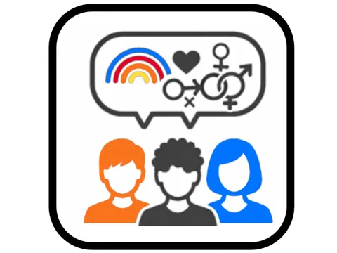 Piktogramm "Sexualpädagogik": Drei Personen, eine gemeimsame Sprechblase mit sämtlichen diversen Symbolen wie Regenbogen, männlich, weiblich, trans, etc.
