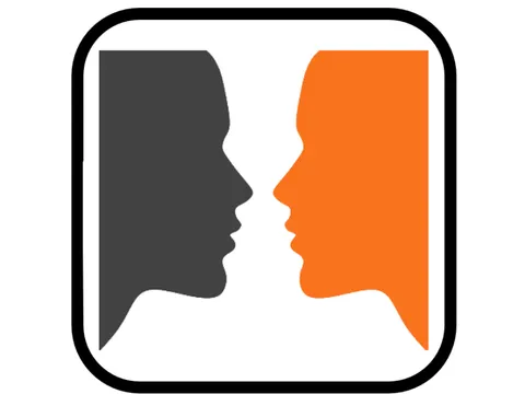 Piktogramm "Psychologische Beratung": Silhouette von zwei Personen (eine schwarz, eine orange), die sich zugewandt miteinander reden