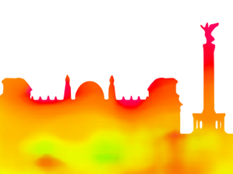 Silhouette verschiedener Denkmäler hinterlegt mit gelben und roten Farbverläufen im Stil einer Thermografie